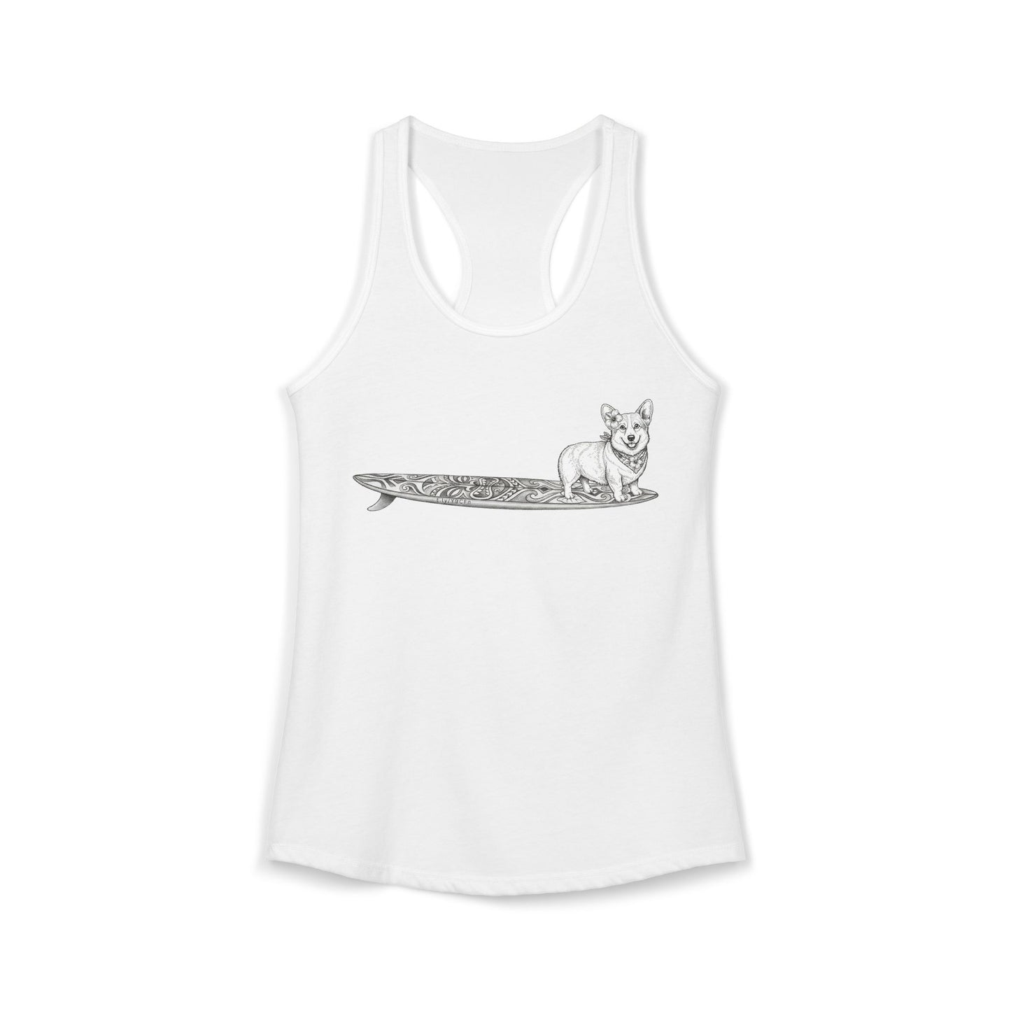 White racerback tank top with Corgi in hibiscus bandana and hibiscus ear flower on a tiki surfboard line drawing — The Swell Dogs
