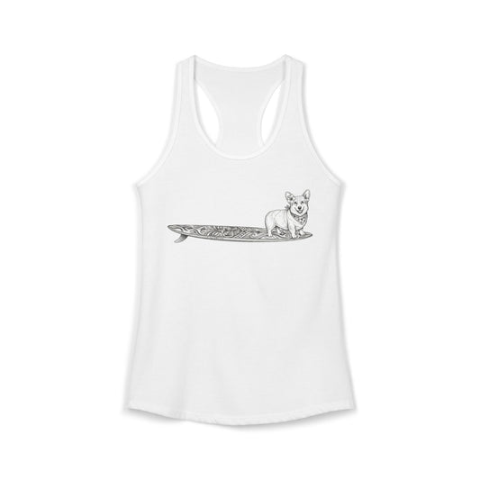 White racerback tank top with Corgi in hibiscus bandana and hibiscus ear flower on a tiki surfboard line drawing — The Swell Dogs