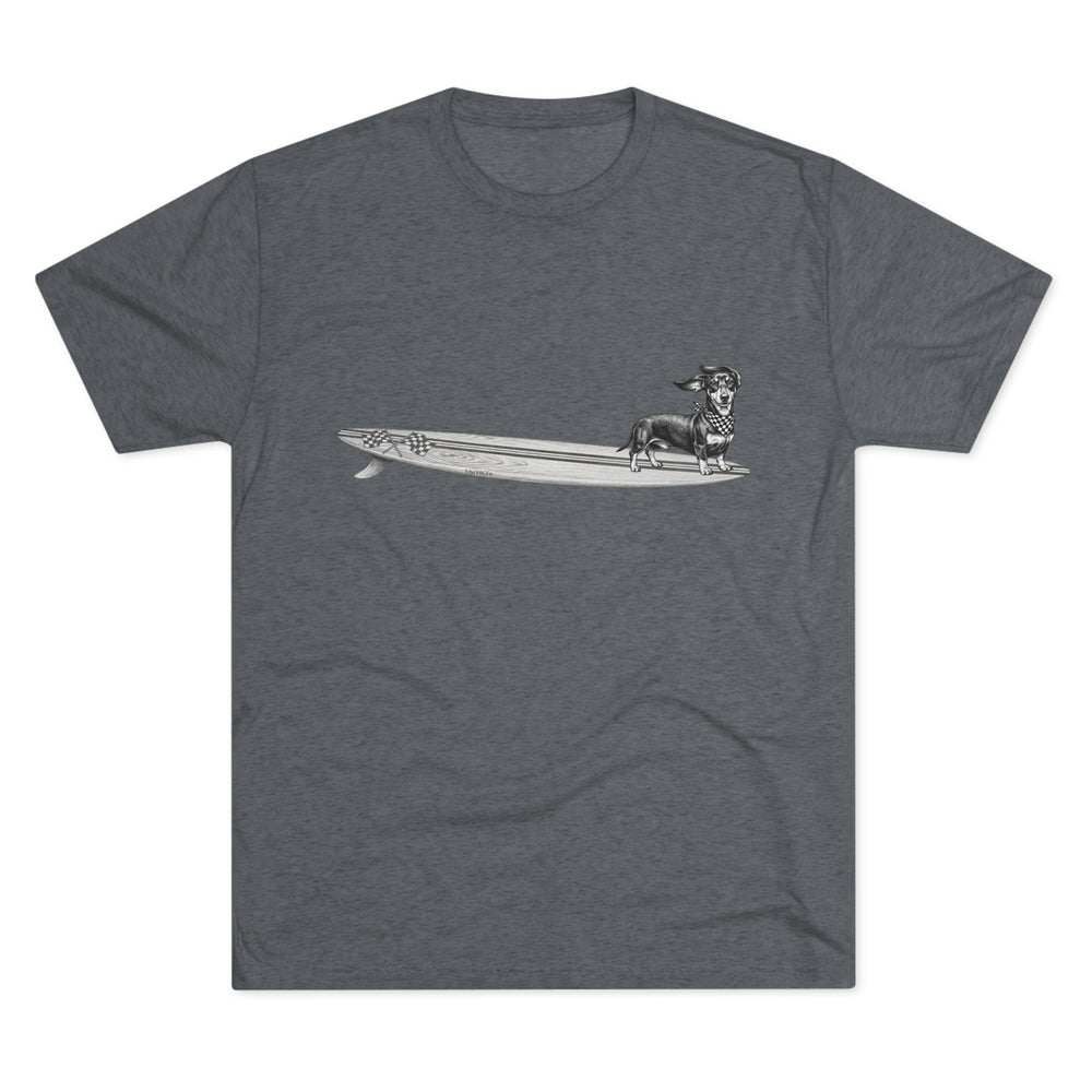Dark heather t-shirt with Dachshund in checkered racing flag bandana on a wood grain racing flag surfboard illustration — The Swell Dogs