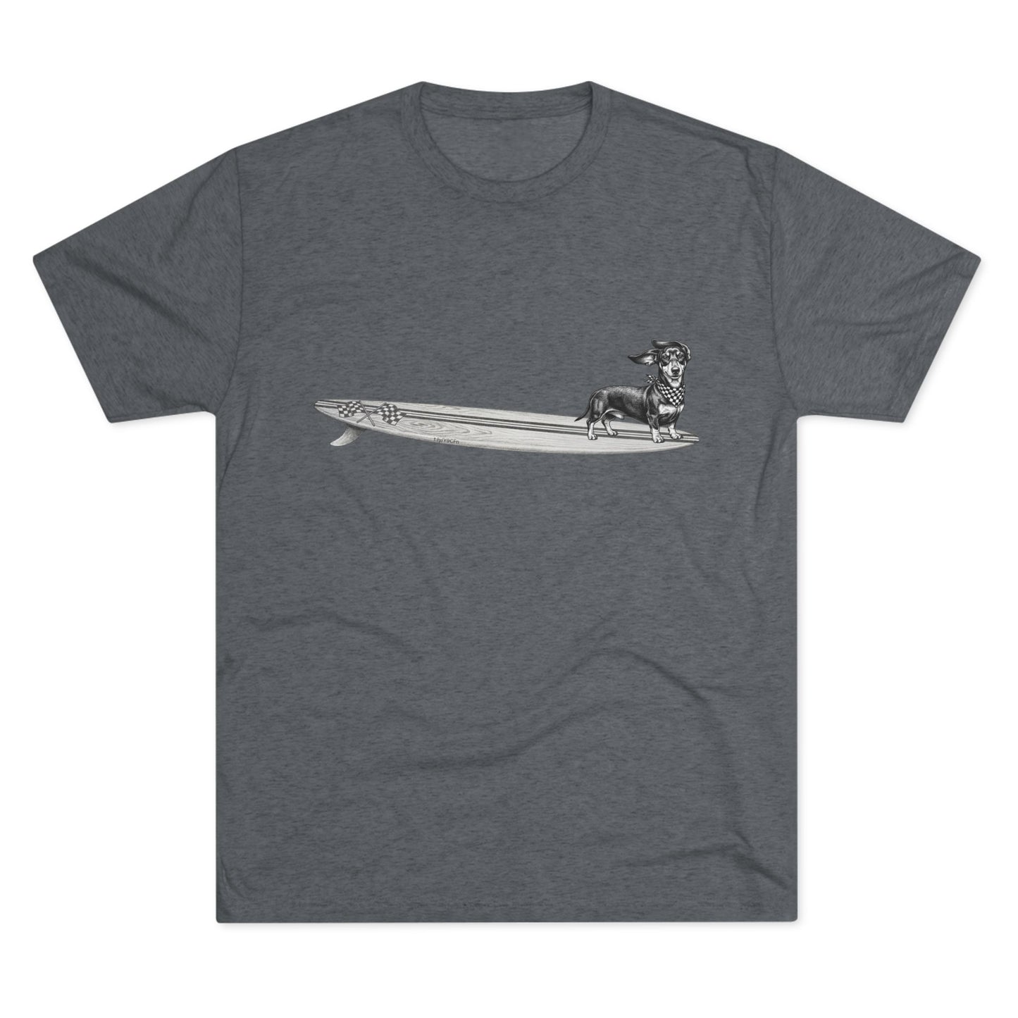 Dark heather t-shirt with Dachshund in checkered racing flag bandana on a wood grain racing flag surfboard illustration — The Swell Dogs