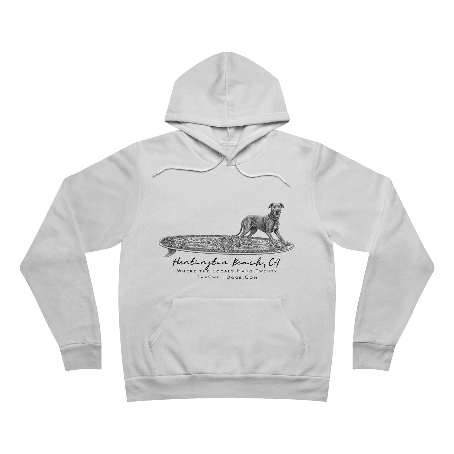 White pullover hoodie featuring a Great Dane dog standing on a surfboard with "Huntington Beach, CA" text