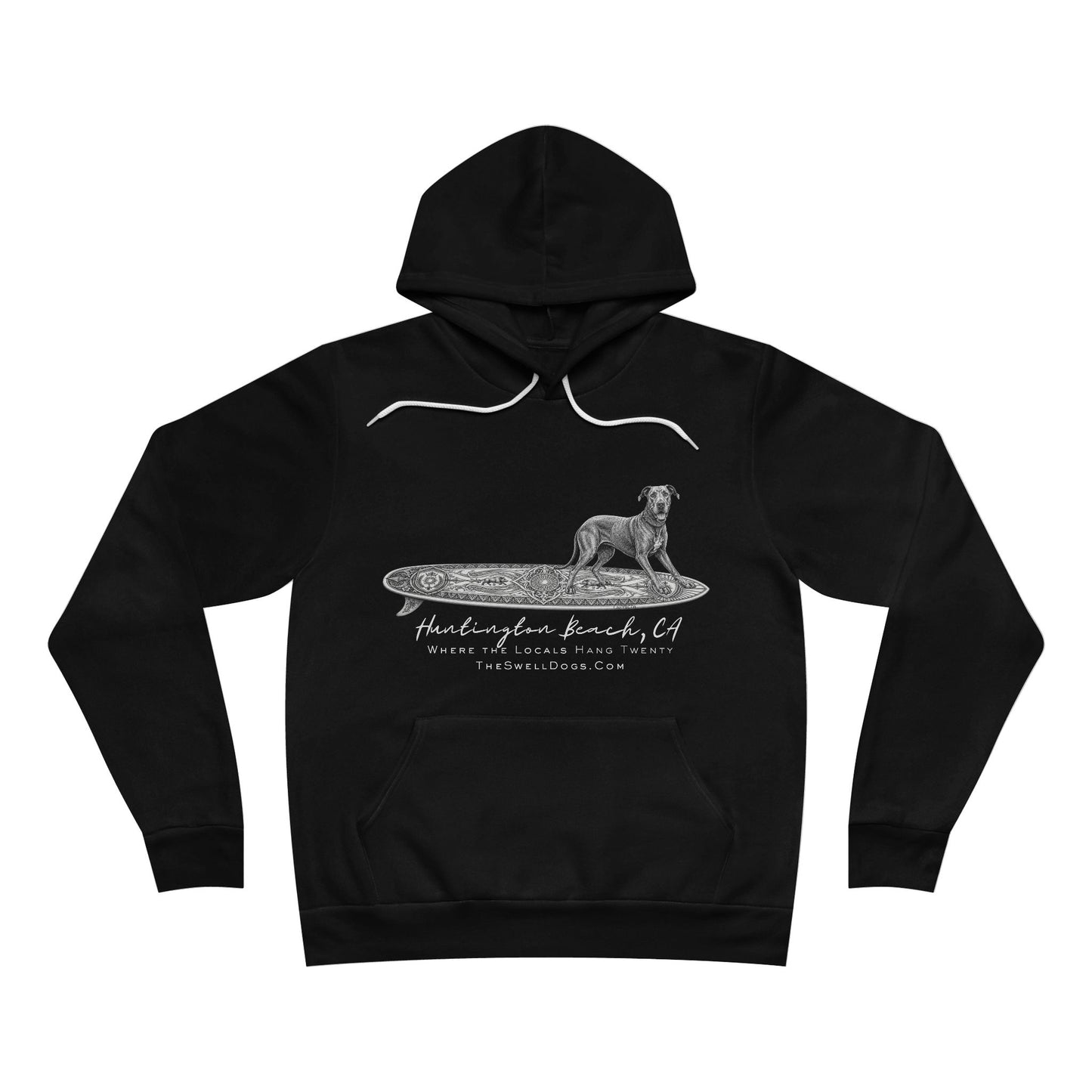 Black pullover hoodie featuring a Great Dane dog standing on a surfboard with "Huntington Beach, CA" text