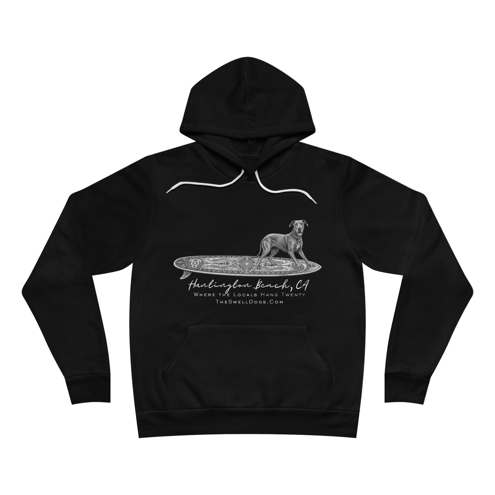 Black pullover hoodie featuring a Great Dane dog standing on a surfboard with "Huntington Beach, CA" text