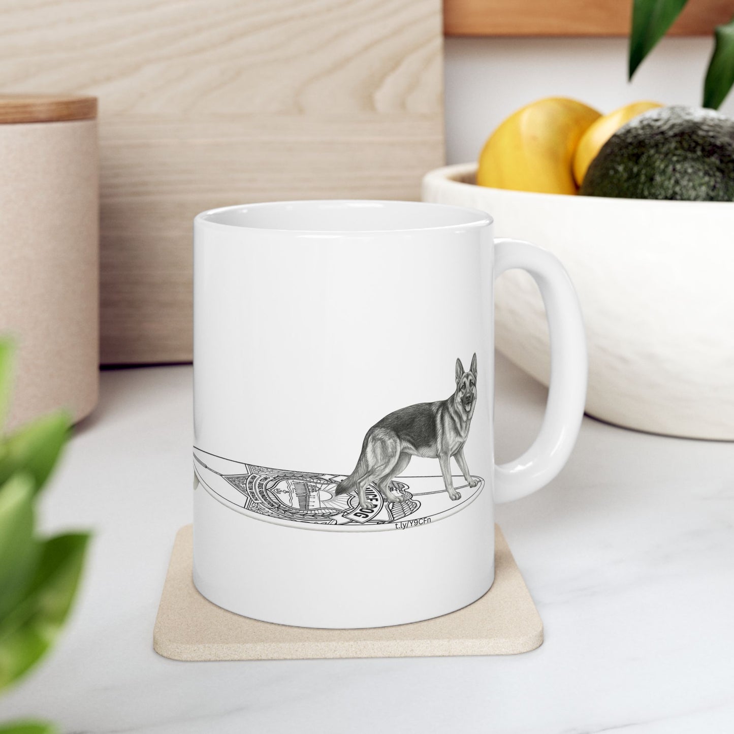White mug with a erman Shepherd dog on a service dog long surfboard.