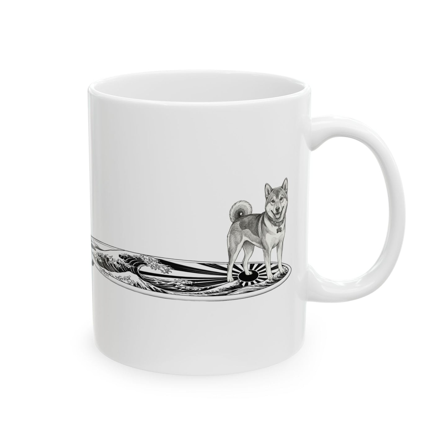 White ceramic mug with vintage Shiba Inu on a surfboard featuring rising wave and Japanese sun flag line drawing — The Swell Dogs
