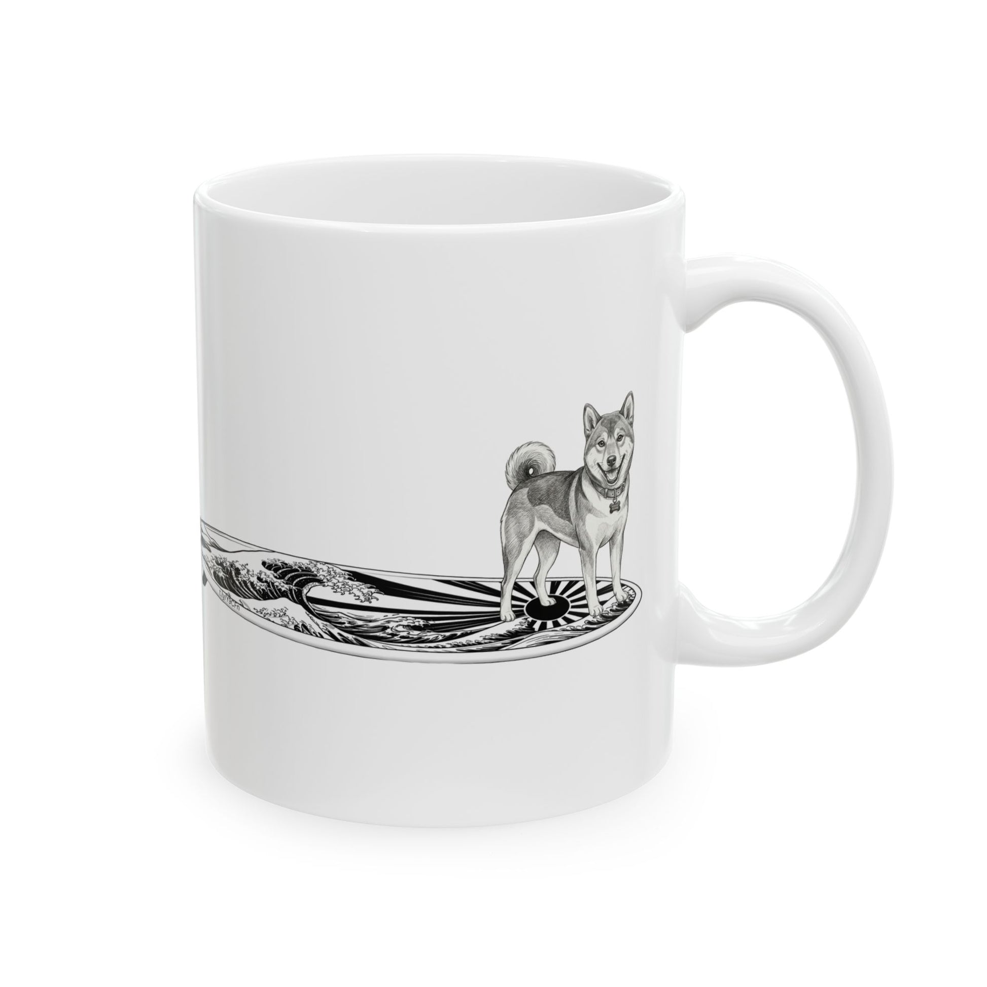 White ceramic mug with vintage Shiba Inu on a surfboard featuring rising wave and Japanese sun flag line drawing — The Swell Dogs