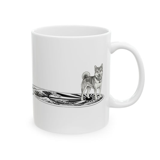 White ceramic mug with vintage Shiba Inu on a surfboard featuring rising wave and Japanese sun flag line drawing — The Swell Dogs