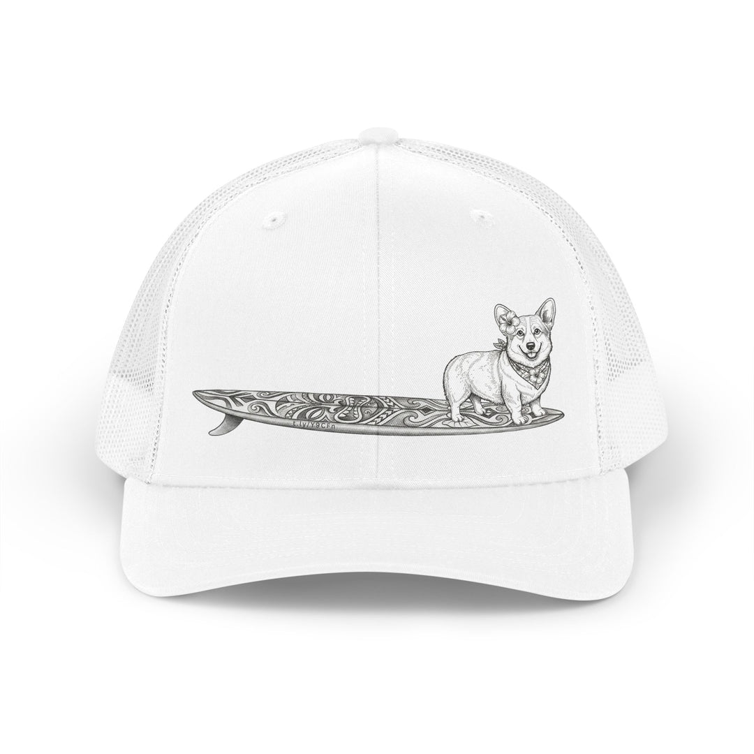White trucker hat with Corgi in hibiscus bandana and hibiscus ear flower on a tiki surfboard illustration — The Swell Dogs