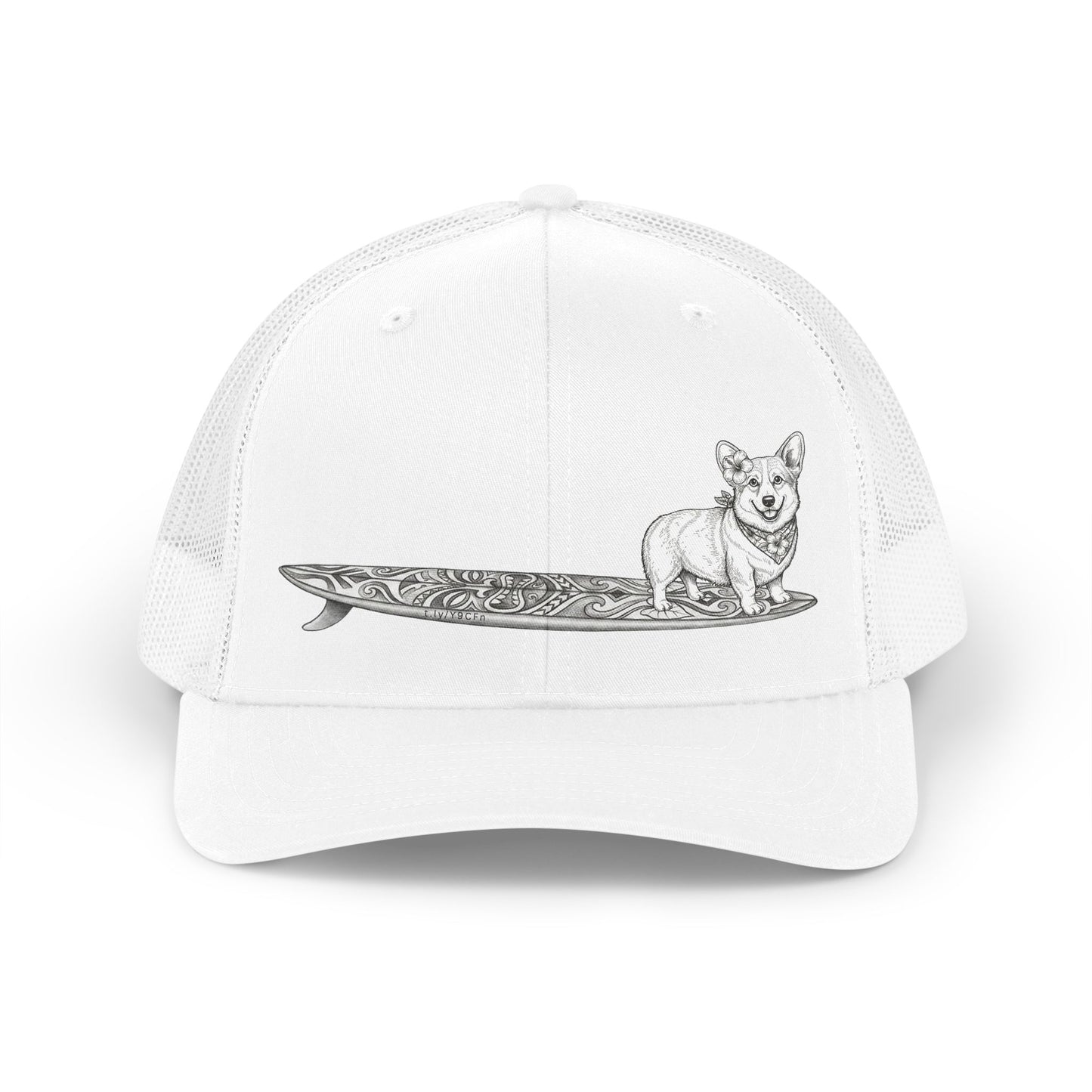 White trucker hat with Corgi in hibiscus bandana and hibiscus ear flower on a tiki surfboard illustration — The Swell Dogs