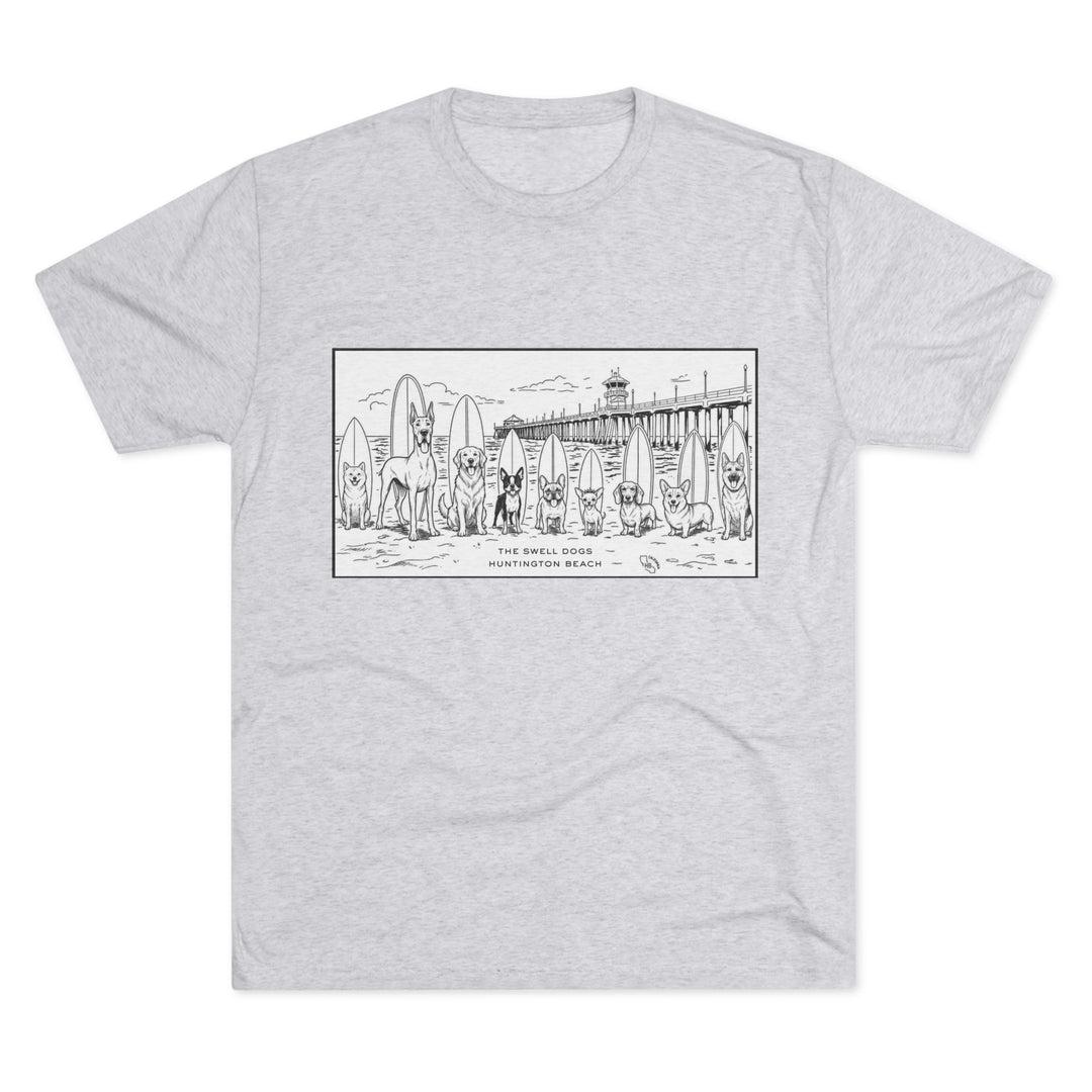 White t-shirt featuring nine different dogs with surfboards sitting in front of the HB pier with “Huntington Beach” text