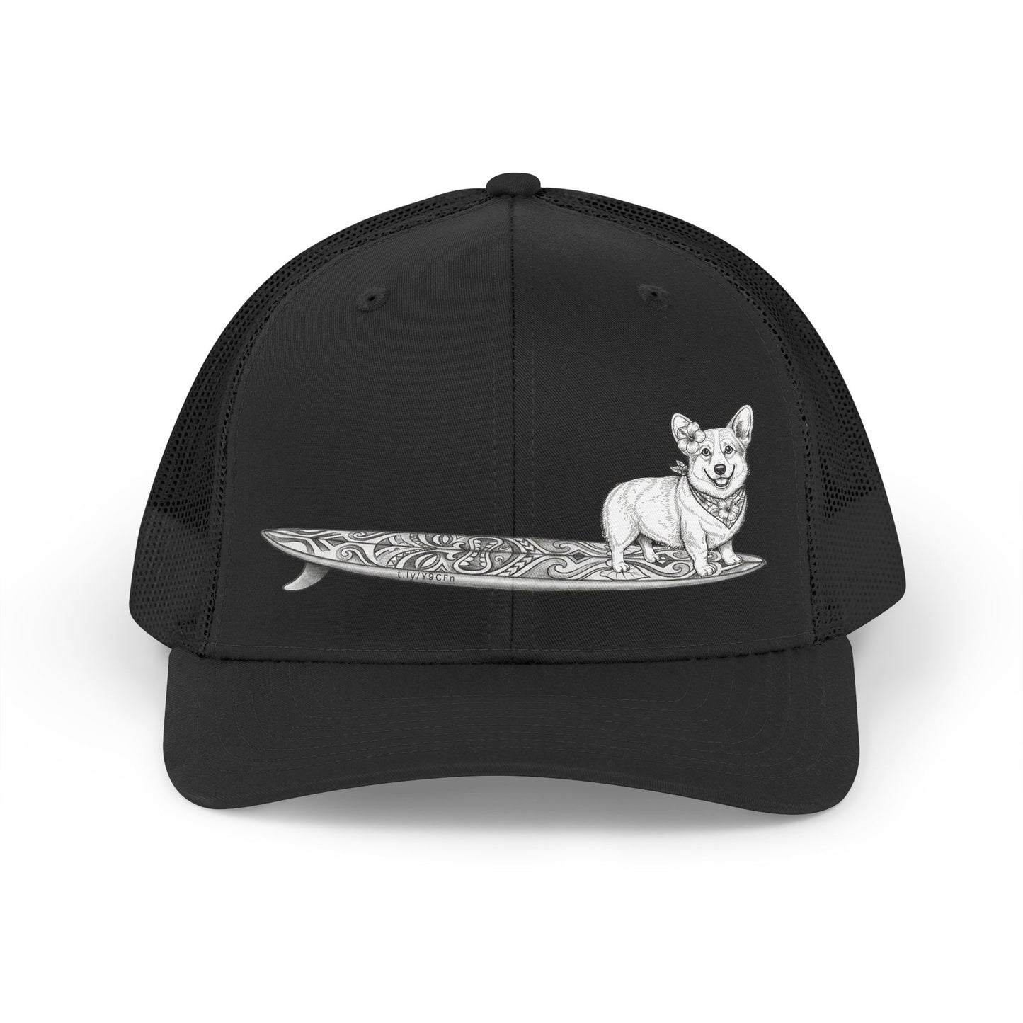All black trucker hat with Corgi hibiscus bandana and tiki surfboard design in vintage line art — The Swell Dogs