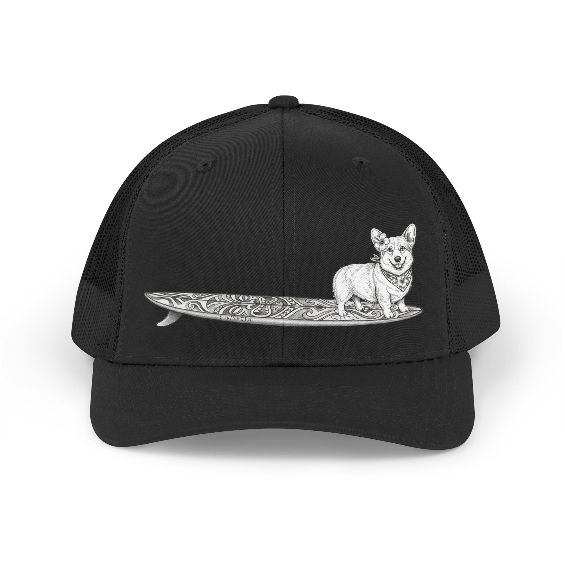 All black trucker hat with Corgi hibiscus bandana and tiki surfboard design in vintage line art — The Swell Dogs