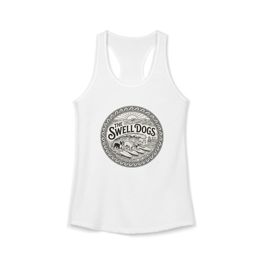 White racerback tank top with 'The Swell Dogs' logo on it.