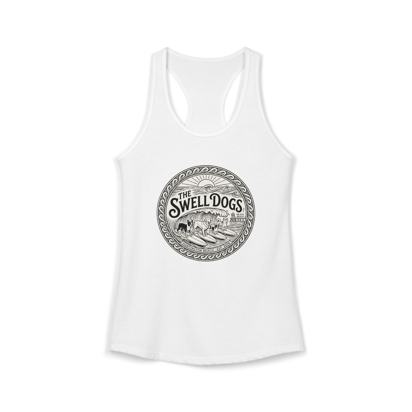 White racerback tank top with 'The Swell Dogs' logo on it.