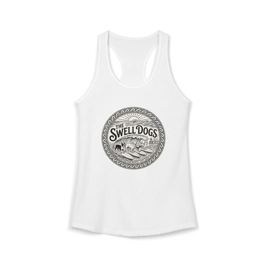 White racerback tank top with 'The Swell Dogs' logo on it.