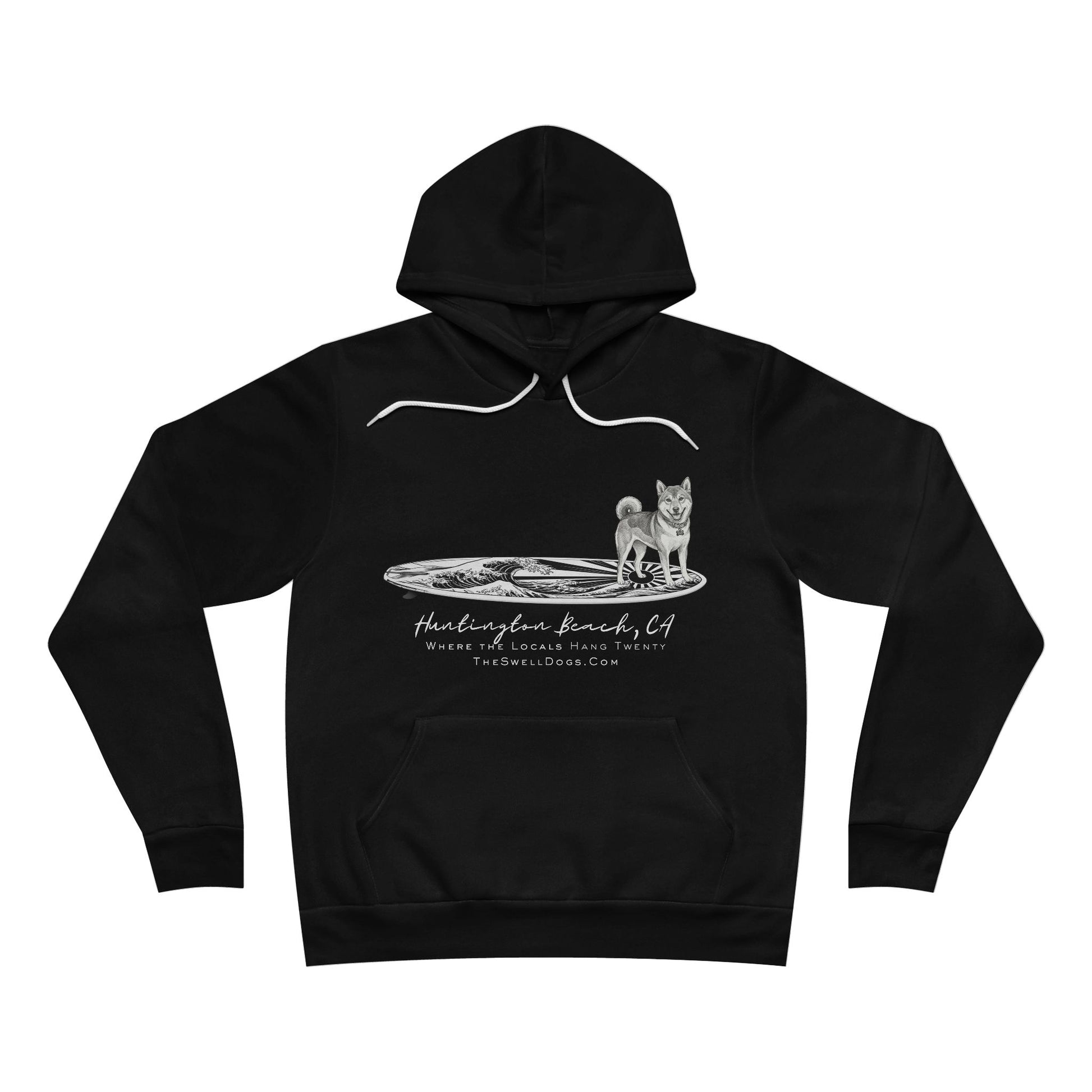 Black pullover hoodie featuring a Shiba Inu dog standing on a Japanese surfboard with "Huntington Beach, CA" text