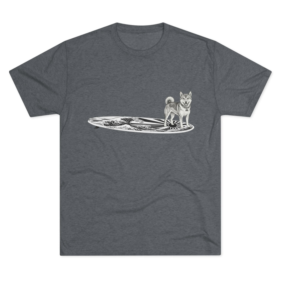 Dark heather t-shirt with vintage Shiba Inu on a surfboard featuring rising wave and Japanese sun flag line drawing — The Swell Dogs