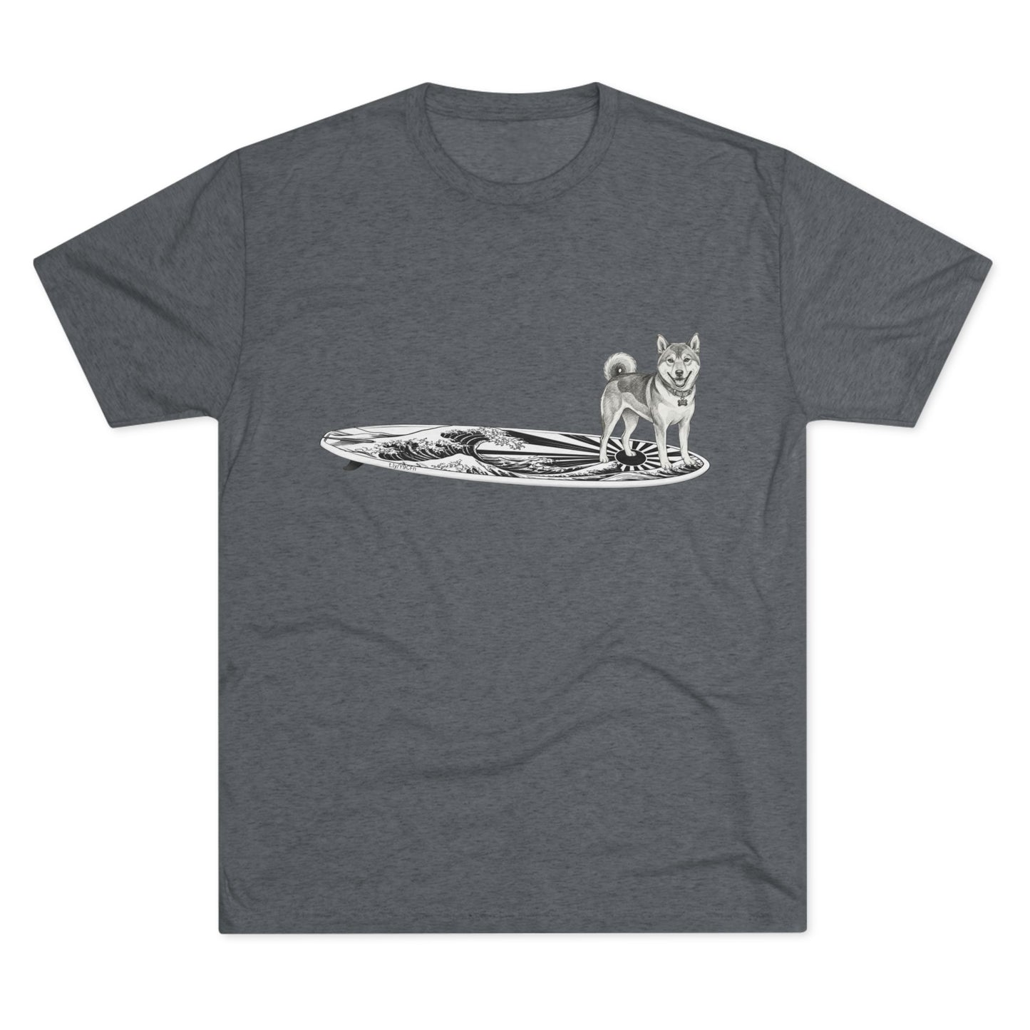 Dark heather t-shirt with vintage Shiba Inu on a surfboard featuring rising wave and Japanese sun flag line drawing — The Swell Dogs