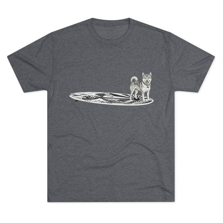 Dark heather t-shirt with vintage Shiba Inu on a surfboard featuring rising wave and Japanese sun flag line drawing — The Swell Dogs