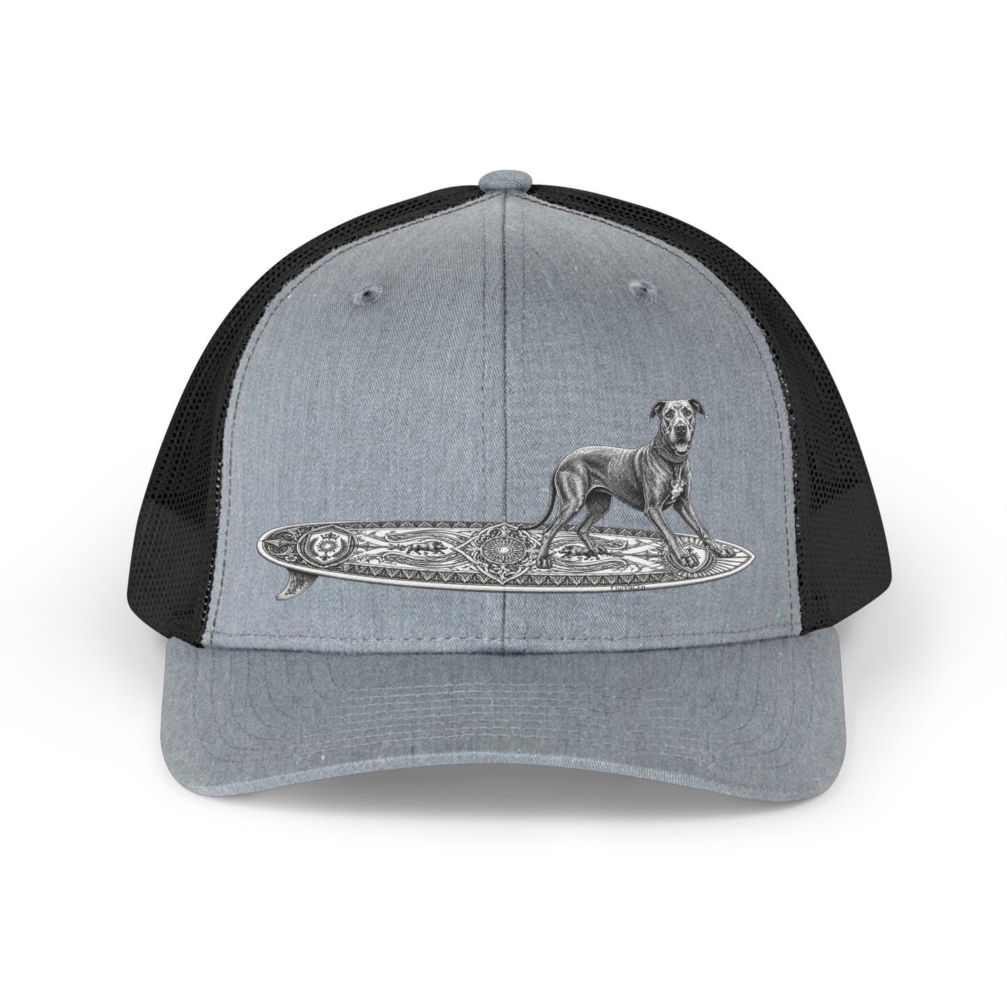Gray and black  trucker hat with a Great Dane on a longboard with wild boar crests and suns on it.