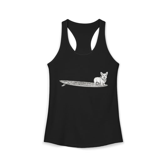 Black racerback tank top with a graphic of a dog on a tiki surfboard with a hibiscus in her ear and a hibiscus bandana on a black background