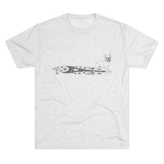 White t-shirt with a French Bulldog on an Eiffel Tower surfboard.