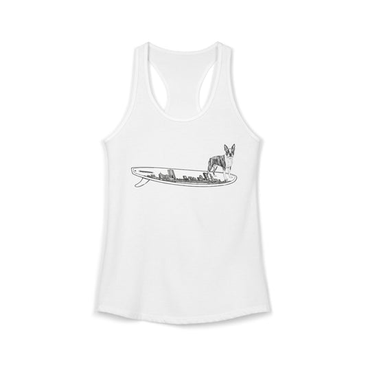 White racerback tank top with a Boston Terrier dog hanging twenty on a Boston cityscape surfboard.