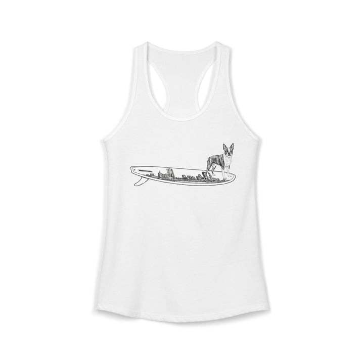 White racerback tank top with a Boston Terrier dog hanging twenty on a Boston cityscape surfboard.