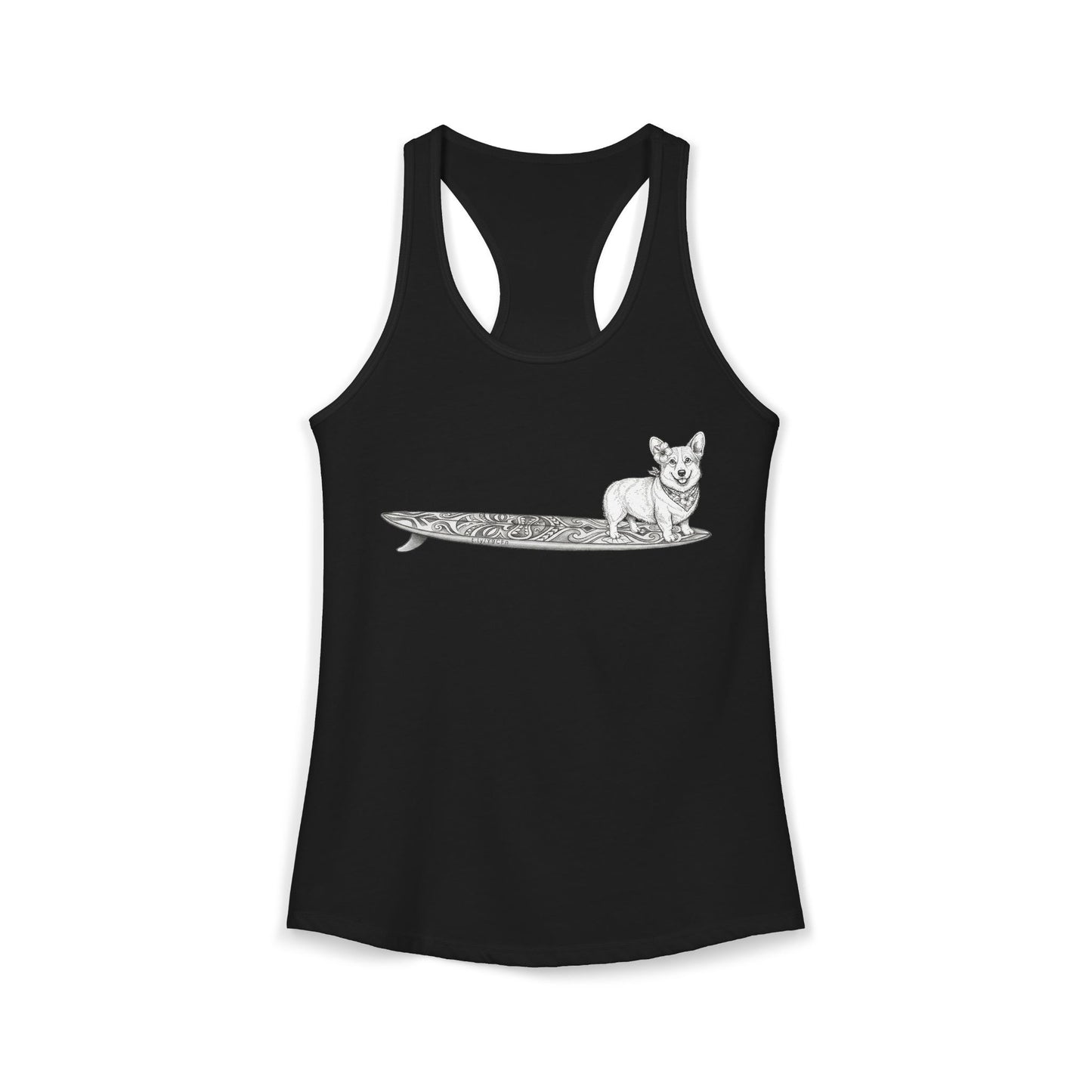 Black racerback tank top with vintage Corgi wearing a hibiscus bandana and hibiscus flower in her ear on a tiki surfboard — The Swell Dogs