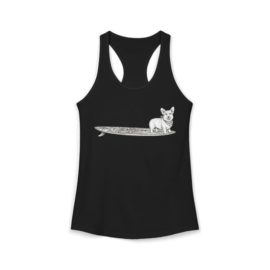 Black racerback tank top with vintage Corgi wearing a hibiscus bandana and hibiscus flower in her ear on a tiki surfboard — The Swell Dogs
