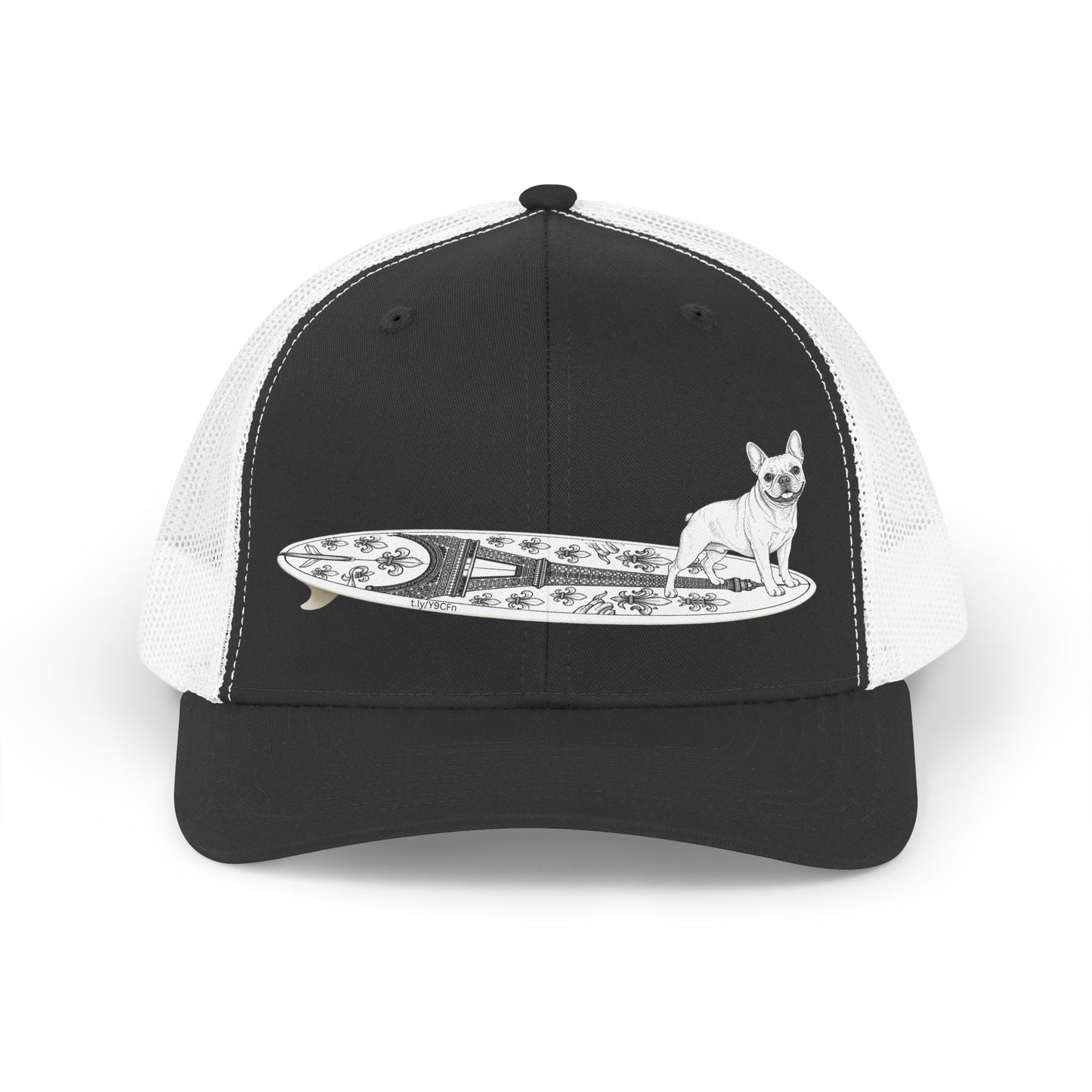 Black and white French Bulldog surf hat — Eiffel Tower board design — The Swell Dogs Huntington Beach.