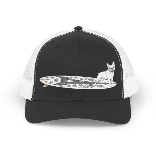 Black and white French Bulldog surf hat — Eiffel Tower board design — The Swell Dogs Huntington Beach.