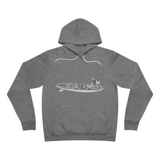 Gray hoodie with a graphic of a Chihuahua dog on a Dia de los Muertos surfboard.