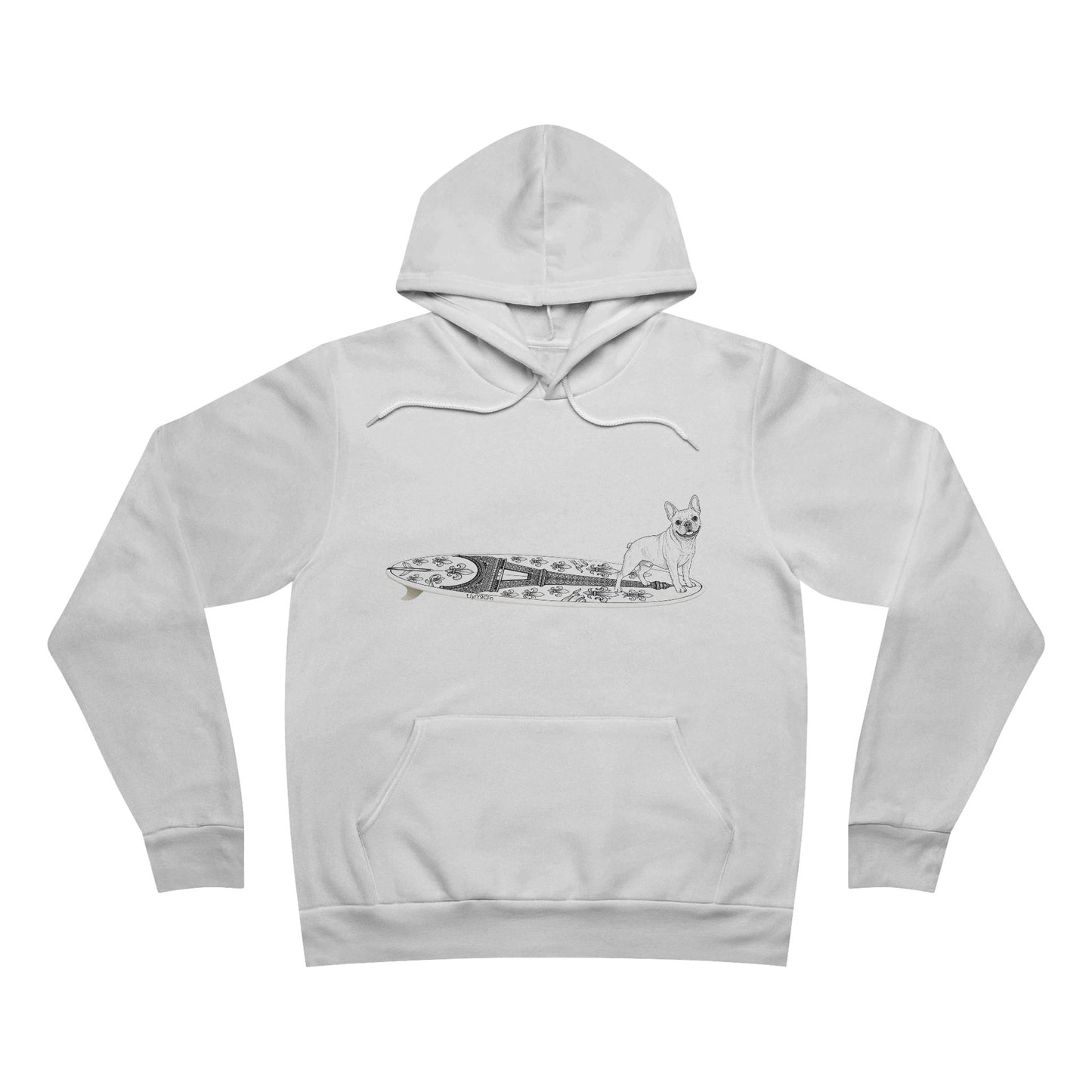 White hoodie with a graphic of a French Bulldog on an Eiffel Tower surfboard.