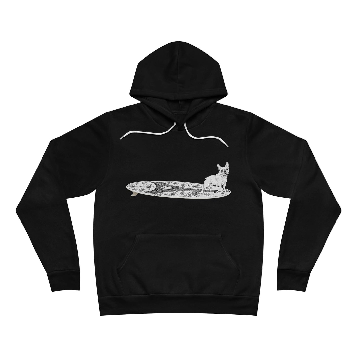 Black hoodie with a graphic of a French Bulldog on an Eiffel Tower surfboard.