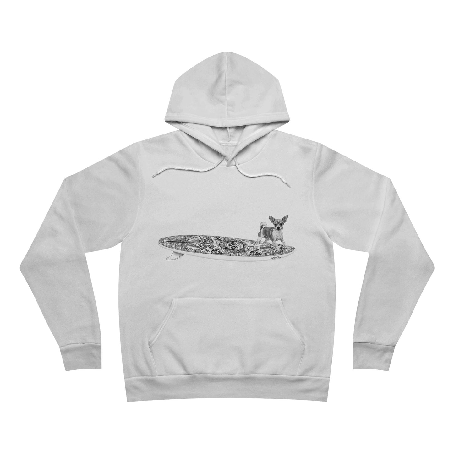 White hoodie with a graphic of a Chihuahua dog on a Dia de los Muertos surfboard. 