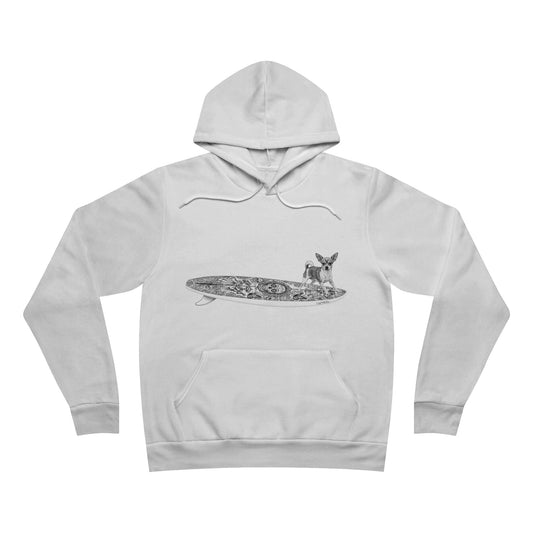 White hoodie with a graphic of a Chihuahua dog on a Dia de los Muertos surfboard. 