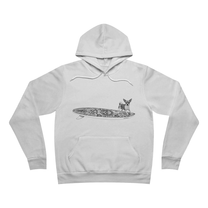 White hoodie with a graphic of a Chihuahua dog on a Dia de los Muertos surfboard. 