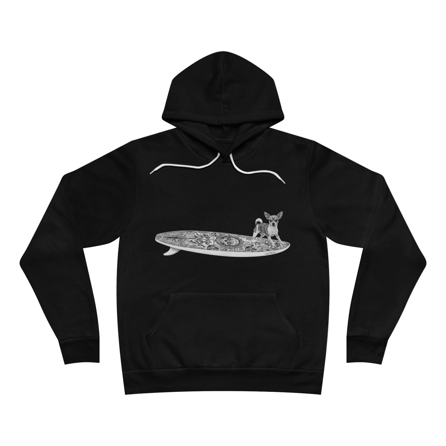 Black hoodie with a graphic of a Chihuahua dog on a Dia de los Muertos surfboard.