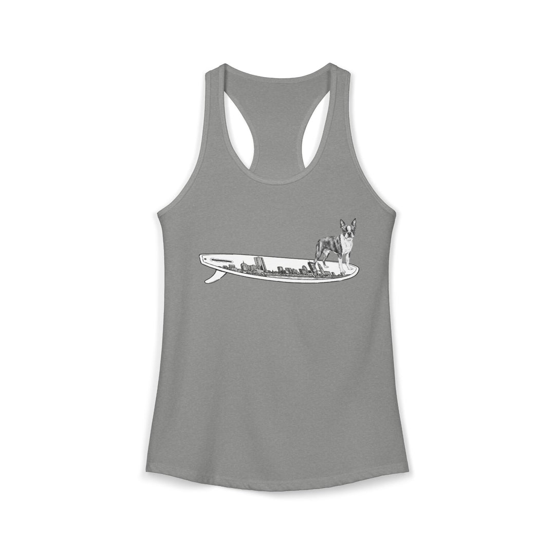 Gray racerback tank top with a Boston Terrier dog hanging twenty on a Boston cityscape surfboard.