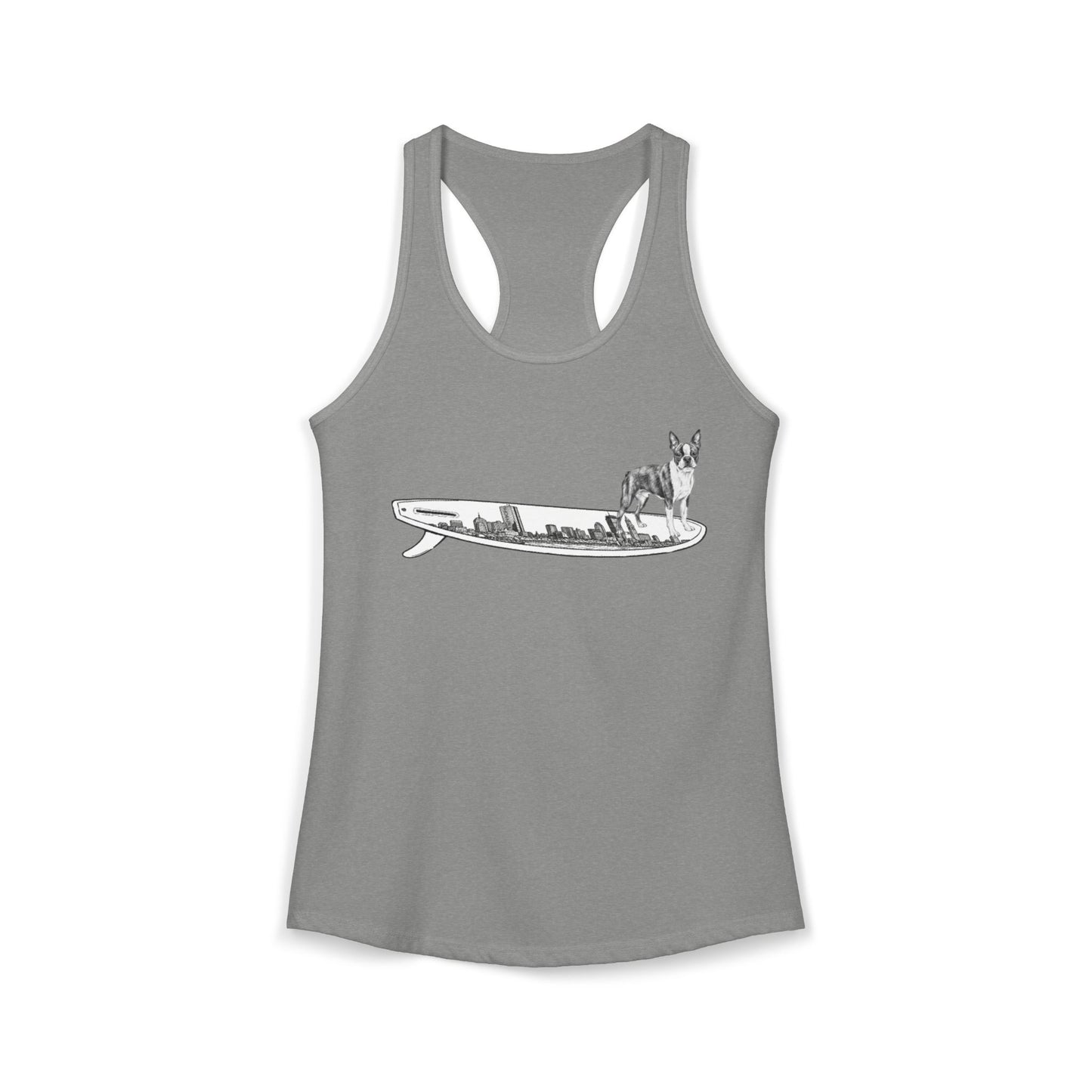 Gray racerback tank top with a Boston Terrier dog hanging twenty on a Boston cityscape surfboard.