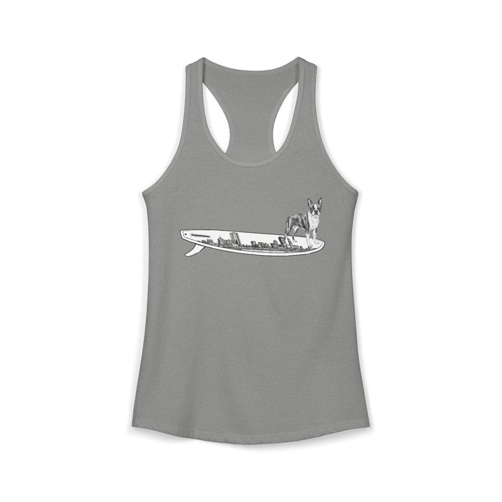 Gray racerback tank top with a Boston Terrier dog hanging twenty on a Boston cityscape surfboard.