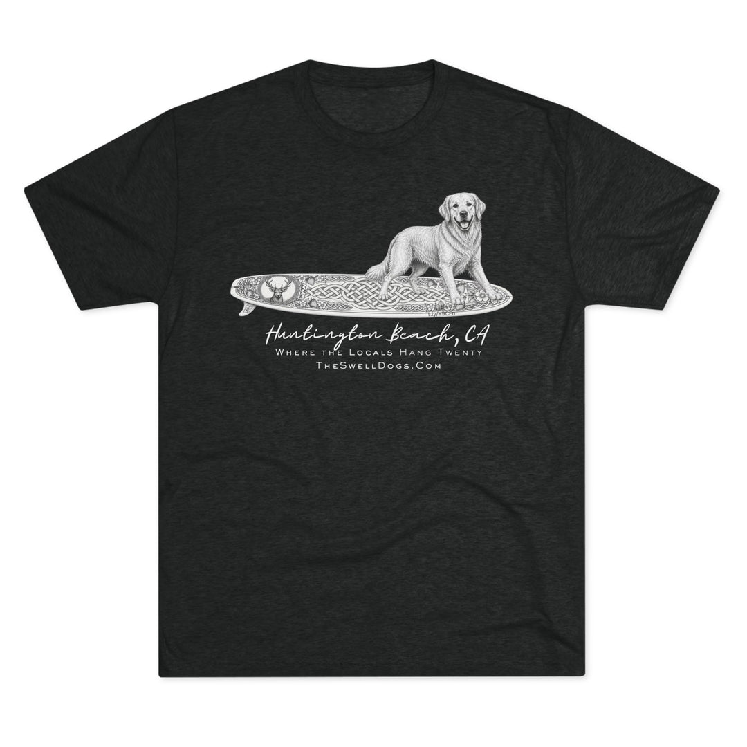 Black t-shirt with a Golden Retriever on a Scottish surfboard dog illustration with "Huntington Beach, CA" text 