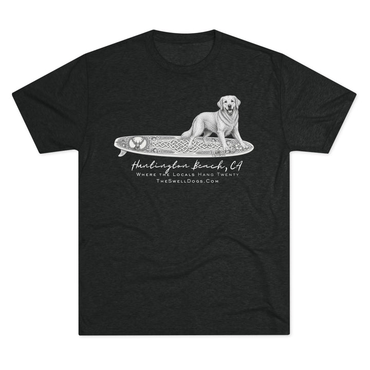 Black t-shirt with a Golden Retriever on a Scottish surfboard dog illustration with "Huntington Beach, CA" text 