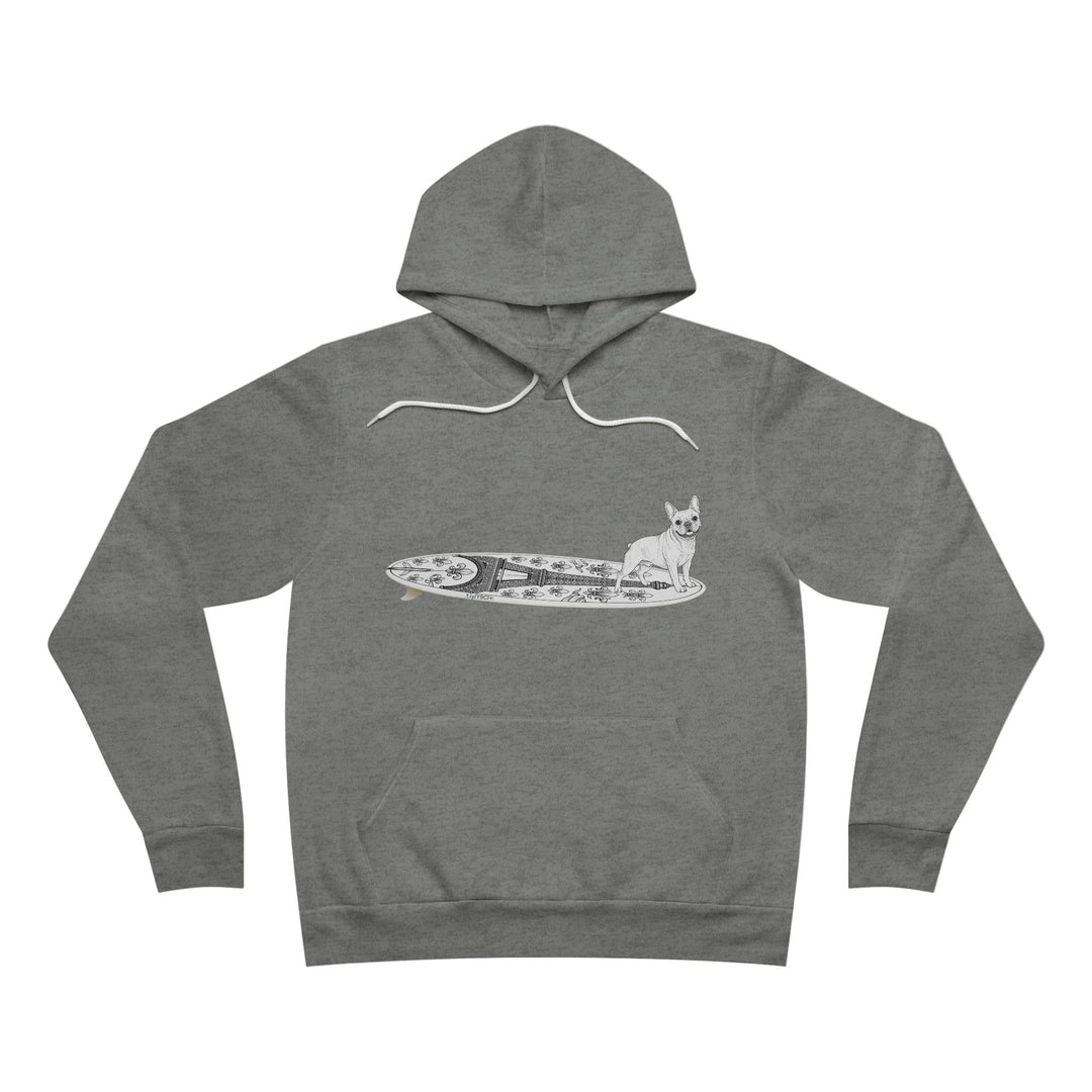 Gray hoodie with a graphic of a French Bulldog on an Eiffel Tower surfboard.