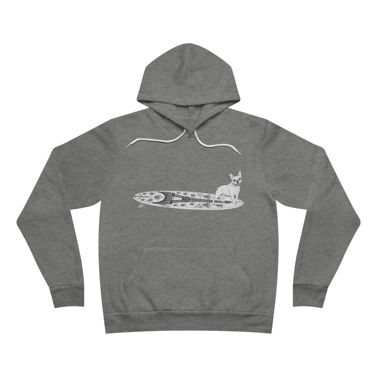 Gray hoodie with a graphic of a French Bulldog on an Eiffel Tower surfboard.