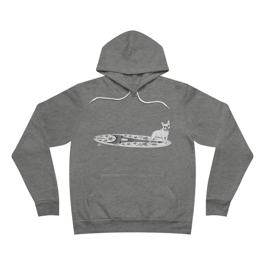 Gray hoodie with a graphic of a French Bulldog on an Eiffel Tower surfboard.