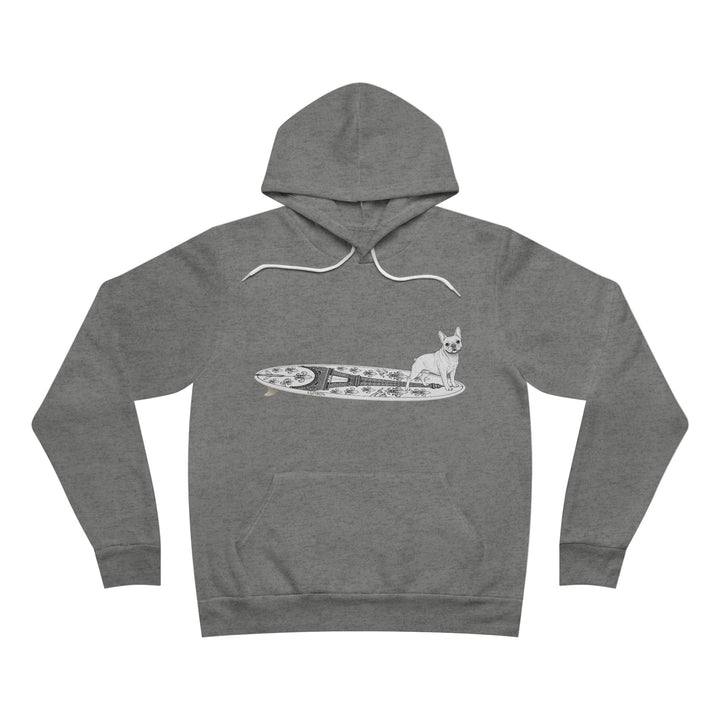 Gray hoodie with a graphic of a French Bulldog on an Eiffel Tower surfboard.