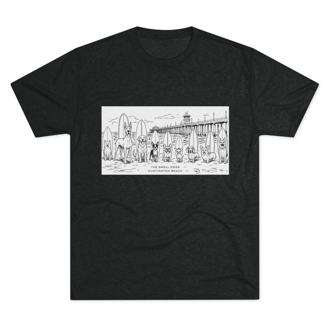 Black t-shirt featuring nine different dogs with surfboards sitting in front of the HB pier with “Huntington Beach” text