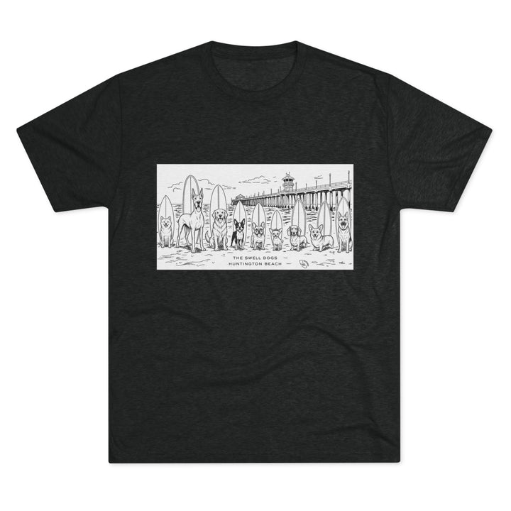 Black t-shirt featuring nine different dogs with surfboards sitting in front of the HB pier with “Huntington Beach” text